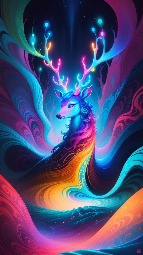 (Psychedelic painting of deer standing in front of colorful whirlpools), ((Multi-sewn large antlers, stag, Big head)), Light and shadow, Waves, Multi-layered, foreground, Distant view, fractal thunder dan mumford, Dan Mount Ford and Alex Gray style, psychedelic surreal art, surreal psychedelic design, Fantasy art style, Illusion psychedelic art, Infinite psychedelic waves, Inspired by Cyril Rolando, True corrugated structure, Psychedelic art style, trippy art, psychedelic illustrations,Bio-luminescence, vibrant, Colourful, Color, (Glowing, Glow), (Beautiful composition), Cinematic lighting, Intricate, (Symmetrical:0.5), Whimsical,