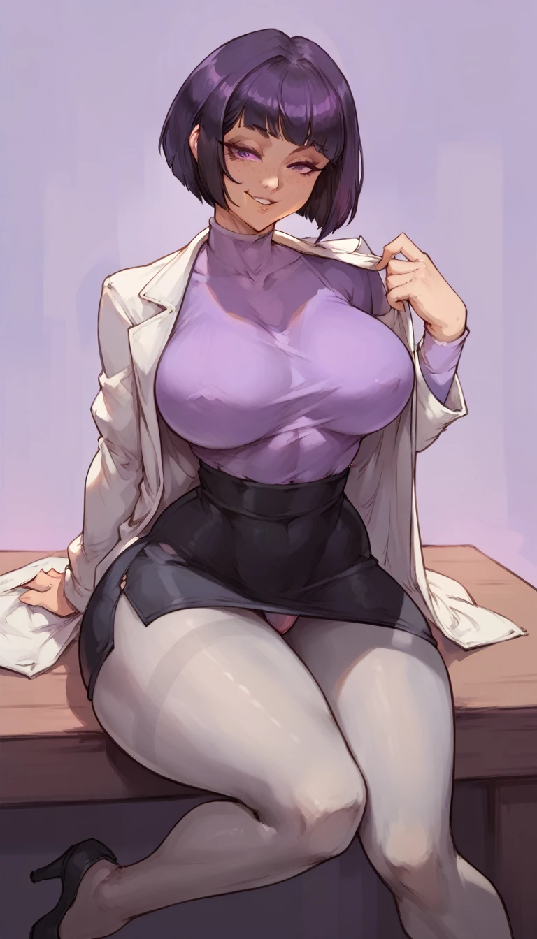 (solo) female , black short hair bob cut, woman (big breasts:1.5), attractive, purple shirt, tight black skirt, lab coat,grey pantyhose   fit body, thicc, freckles, freckles on face, smug eyes, (happy expression), she is sitting on table look to the viewer , violet background, simple background, thick thighs  (front view) high heels (white panties)