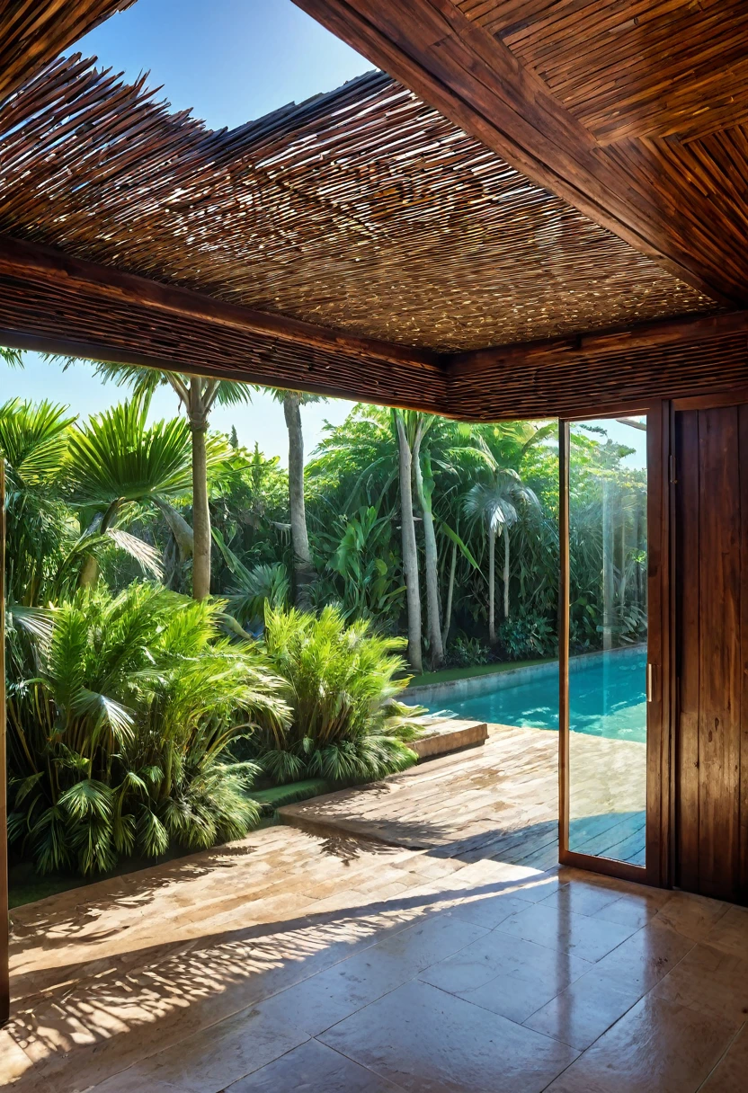 RAW photo, taken with Canon EOS 6D Mark II, wide-angle lens, 35mm lens, HDR, real image, ultra high res.photorealistic::1.5, normal angle, 2,000K temperature, sun angle 60º degrees. Interior architecture in Brazilian tropical style. Internal corridor covered in Tamarind wood, with retractable glass roof. The floor is rustic Moledo Laguna Branca. This hallway overlooks the garden, with well-trimmed grass, lots of palm trees around, open sky, a large square swimming pool, light brown sun loungers, brise soleil wooden sliding door, sea breeze, sand, Outdoor pool, Swimming pool