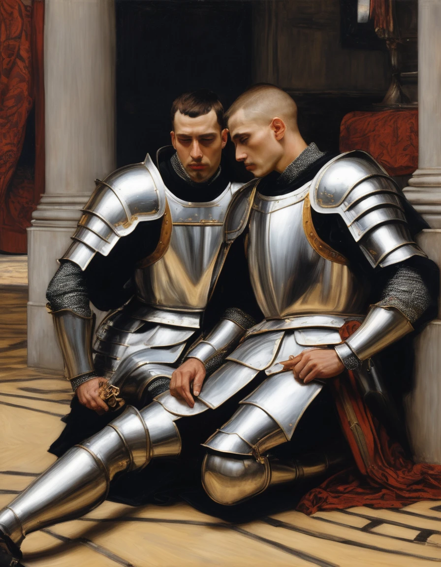 ((Masterpiece, best quality, oil painting, male focus)), (by James Tissot, John William Waterhouse, J. C. Leyendecker), (((the portrait of 2 male knights, buzzcut, they are lovers comforting each other on the floor. They are tense, bored, sad, frustrated, blushing, sullen)))