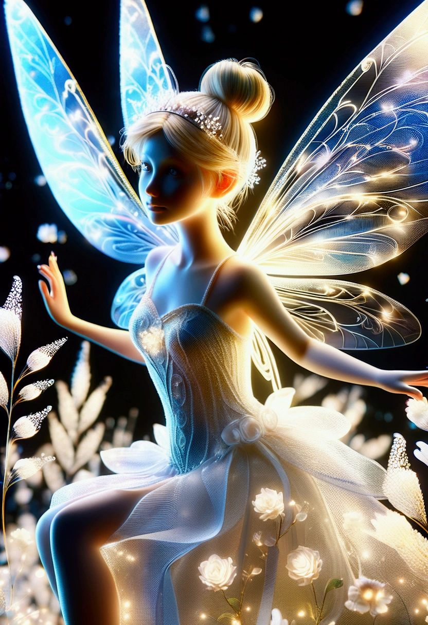 ( bright resolution, A refreshing morning on a clear day, Tinkerbell made of gold_Upper body close-up angle ), A variety of small flowers and plants made of light, Ultrafine particles shining in the air_Mysterious background with small particles of natural light emitting light, ultra high resolution, 8k, Very detailed details, Product detailed image, surreal photo, the greatest masterpiece:1.2, A shining aura spreading in the air,