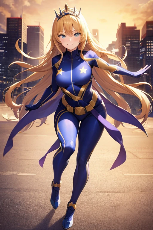 ((best quality)), ((masterpiece)), (detailed), 1 girl, Full body, 1, Smiling face, Blue eyes, Star-shaped tiara, Arms outstretched, Arms behind waist, Blue superhero mask, Blushing, Blonde hair, Straight hair, Long hair, Bangs, Hair ornaments, Star hair ornaments, Full body, Medium breasts, Slim body, Hands with yellow stars, Yellow wristbands, Long purple gloves, Blue gloves, Blue gloves, Yellow shoulder pads, Superhero costume, Superheroes, Yellow leotard suit, With a big yellow star in the center, Star emblem, Somewhat tight, Long yellow cape on waist, Red belt, Purple legs, Purple pantyhose, Long blue boots, Flying, City background, Anime