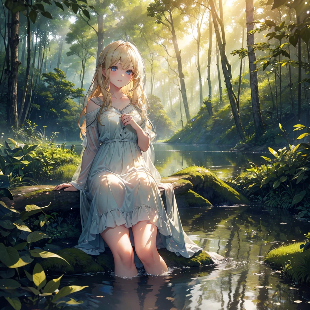a girl sitting camping, dense and illuminated forest, view of a large lake with sun reflection, (best quality,4k,8k,highres,masterpiece:1.2),ultra-detailed,(realistic,photorealistic,photo-realistic:1.37),nature landscape, beautiful detailed eyes, beautiful detailed lips, extremely detailed eyes and face, long eyelashes, serene atmosphere, warm lighting, golden hour, hazy, mist, reflection, calm lake, rippling water, lush greenery, tall trees, dense foliage, sunbeams, dappled light, cinematic