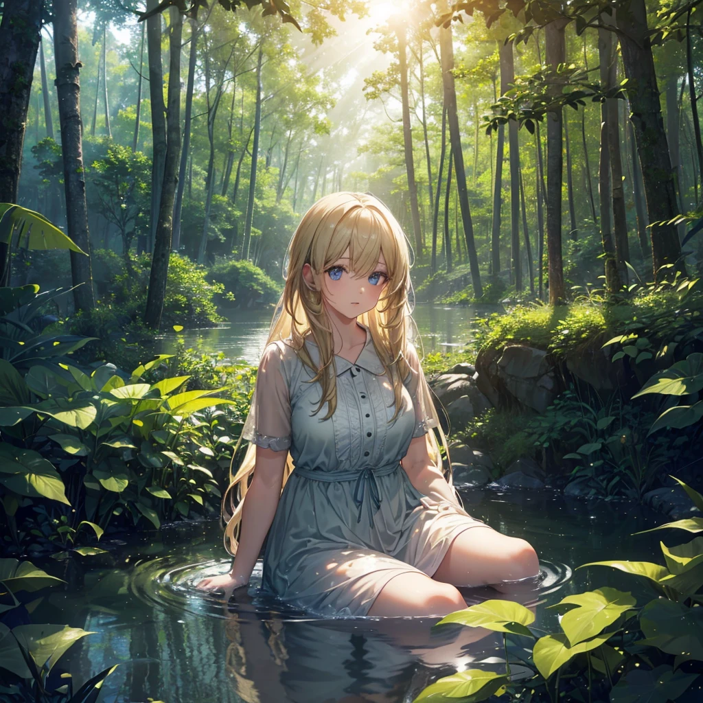 a girl sitting camping, dense and illuminated forest, view of a large lake with sun reflection, (best quality,4k,8k,highres,masterpiece:1.2),ultra-detailed,(realistic,photorealistic,photo-realistic:1.37),nature landscape, beautiful detailed eyes, beautiful detailed lips, extremely detailed eyes and face, long eyelashes, serene atmosphere, warm lighting, golden hour, hazy, mist, reflection, calm lake, rippling water, lush greenery, tall trees, dense foliage, sunbeams, dappled light, cinematic