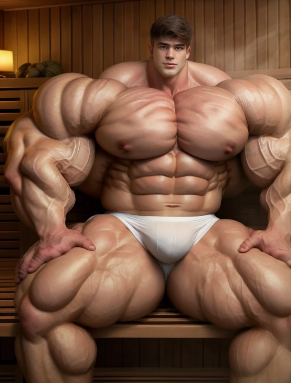 1boy, giant, giant bodybuilder, stand, warm light, strong body, bulk, large size, staring, sitting in the sauna, open legs, nude, white triangular underwear, prominent bulge, extraordinary big, brutalmass, giant, muscular body, bulk, buff, massive body, large meaty body size, extremely wide body