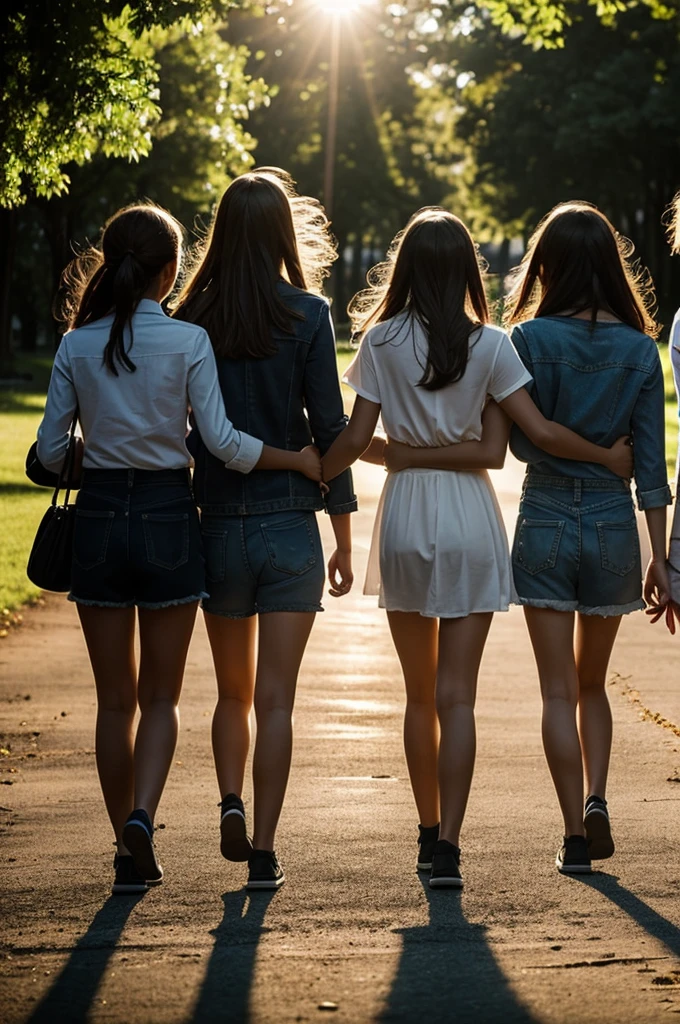 Create a group of four girls walking with a backlight that makes them stand out.