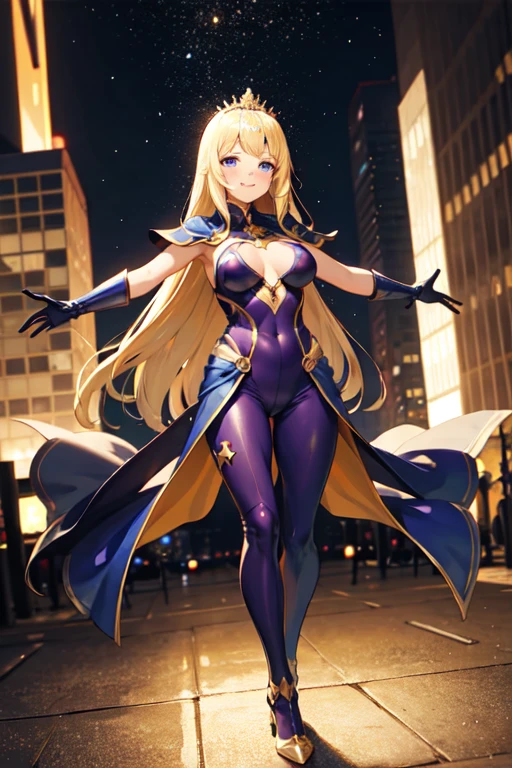 ((best quality)), ((masterpiece)), (detailed), 1 girl, full body, 19 years old, smiling face, masked face, blushing, blonde hair, straight hair, long hair, bangs, full body, superhero mask, yellow mask, hands with stars, blue bracelets, purple gloves, superhero costume, superheroes, full body suit, yellow, with a large yellow star in the center, star emblem, something tight, star-shaped tiara, blue eyes, medium breasts, slim body, outstretched arms, arms behind the waist, flying, city background, anime