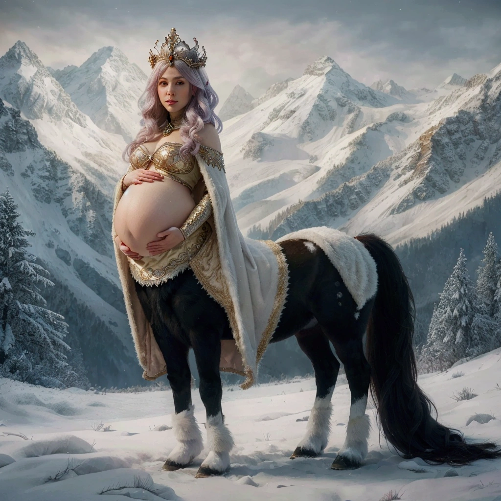 pregnant woman in a winter scene with a horse and mountains, queen of winter, fantasy matte painting,cute, earley, by Cynthia Sheppard, winter princess, realistic fantasy illustration, by Alexander Kucharsky, hyperrealistic fantasy art, ((a beautiful fantasy empress)), gorgeous digital painting, by Galen Dara, beautiful digital artwork, breathtaking fantasy art