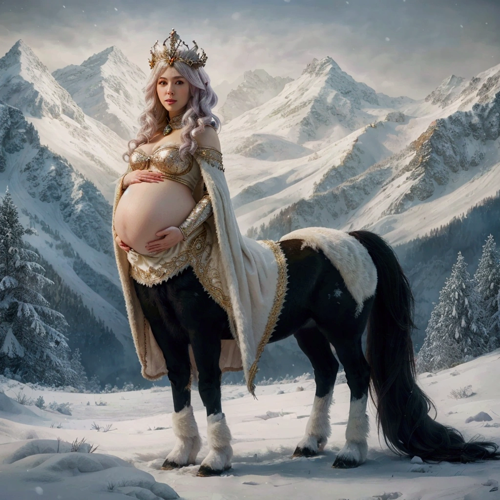 pregnant woman in a winter scene with a horse and mountains, queen of winter, fantasy matte painting,cute, earley, by Cynthia Sheppard, winter princess, realistic fantasy illustration, by Alexander Kucharsky, hyperrealistic fantasy art, ((a beautiful fantasy empress)), gorgeous digital painting, by Galen Dara, beautiful digital artwork, breathtaking fantasy art