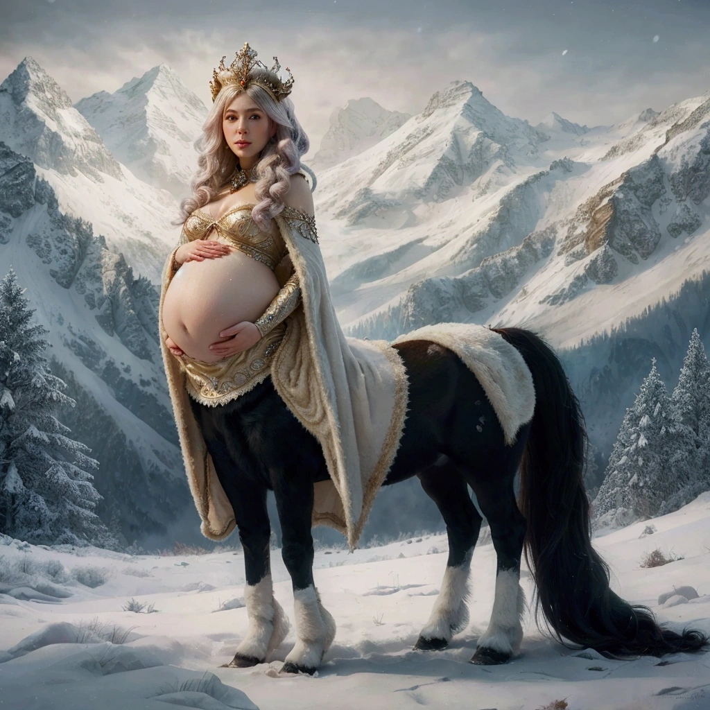 pregnant woman in a winter scene with a horse and mountains, queen of winter, fantasy matte painting,cute, earley, by Cynthia Sheppard, winter princess, realistic fantasy illustration, by Alexander Kucharsky, hyperrealistic fantasy art, ((a beautiful fantasy empress)), gorgeous digital painting, by Galen Dara, beautiful digital artwork, breathtaking fantasy art
