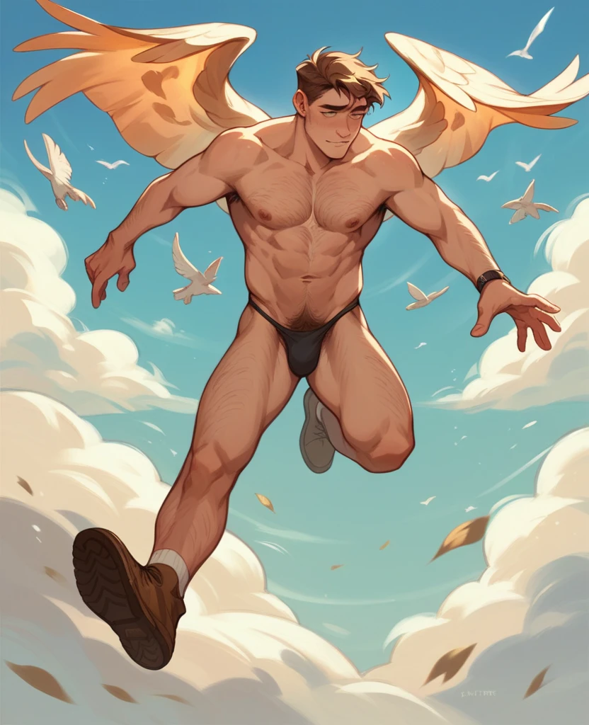 ((best qualityer)), ((work of art)), (detailded), A  Man, Gentle boy, with brown hair flying in the wind, wearing only a black thong with lots of body hair, sky background 