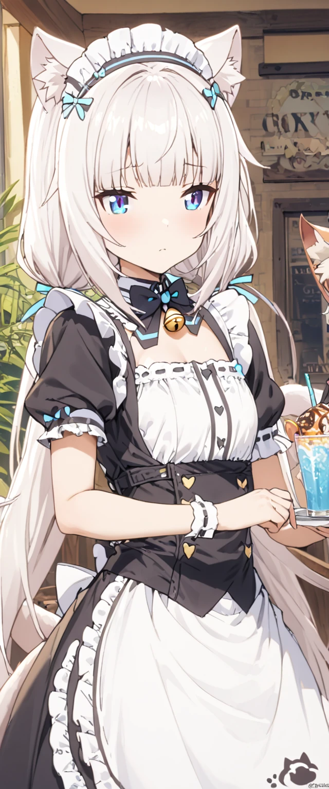 (masterpiece), best quality, expressive eyes, perfect face,1girl,vanilla, long hair, bangs, blue eyes, animal ears, twintails, very long hair, white hair, cat ears, blunt bangs, animal ear fluff, low twintails, cat girl,dress, bow, tail, short sleeves, frills, bowtie, apron, cat tail, maid, maid headdress, bell, cat girl, waist apron, jingle bell, neck bell, waitress,beach cafe,curious expression