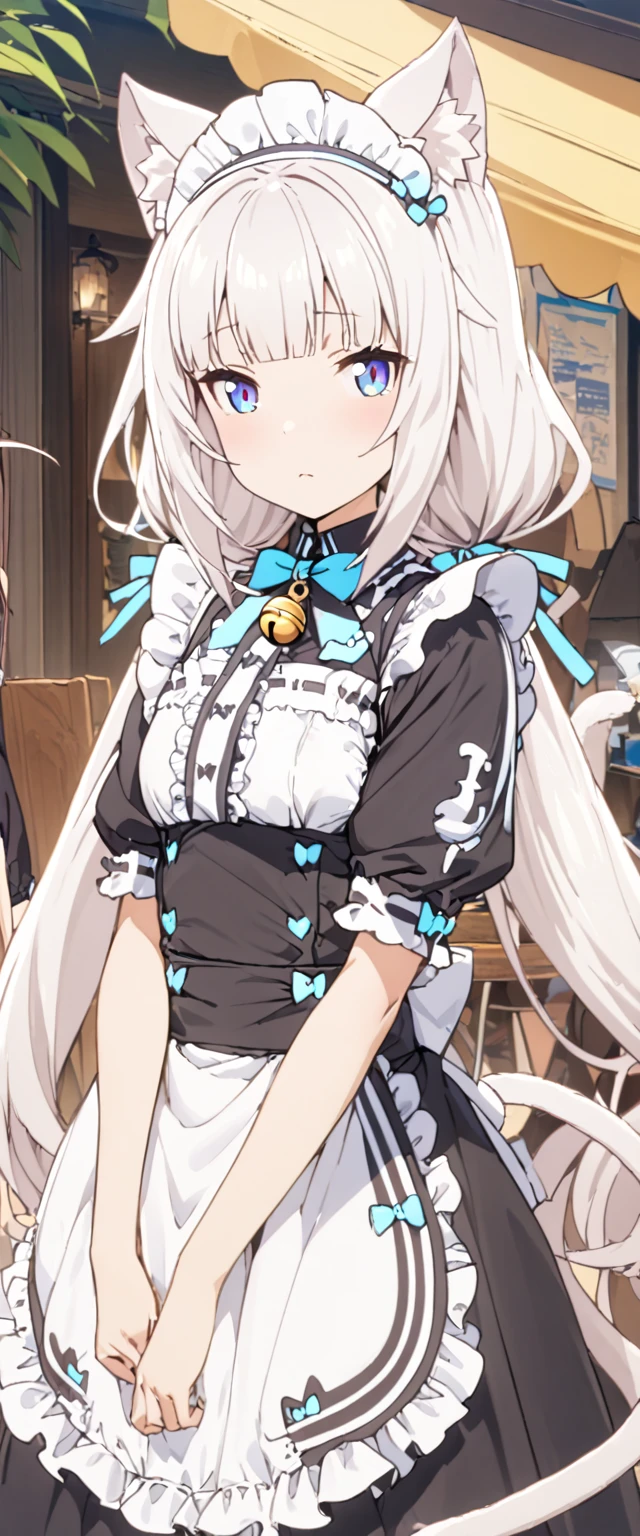 (masterpiece), best quality, expressive eyes, perfect face,1girl,vanilla, long hair, bangs, blue eyes, animal ears, twintails, very long hair, white hair, cat ears, blunt bangs, animal ear fluff, low twintails, cat girl,dress, bow, tail, short sleeves, frills, bowtie, apron, cat tail, maid, maid headdress, bell, cat girl, waist apron, jingle bell, neck bell, waitress,beach cafe,curious expression