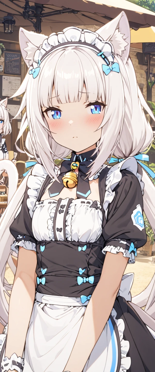 (masterpiece), best quality, expressive eyes, perfect face,1girl,vanilla, long hair, bangs, blue eyes, animal ears, twintails, very long hair, white hair, cat ears, blunt bangs, animal ear fluff, low twintails, cat girl,dress, bow, tail, short sleeves, frills, bowtie, apron, cat tail, maid, maid headdress, bell, cat girl, waist apron, jingle bell, neck bell, waitress,beach cafe,curious expression