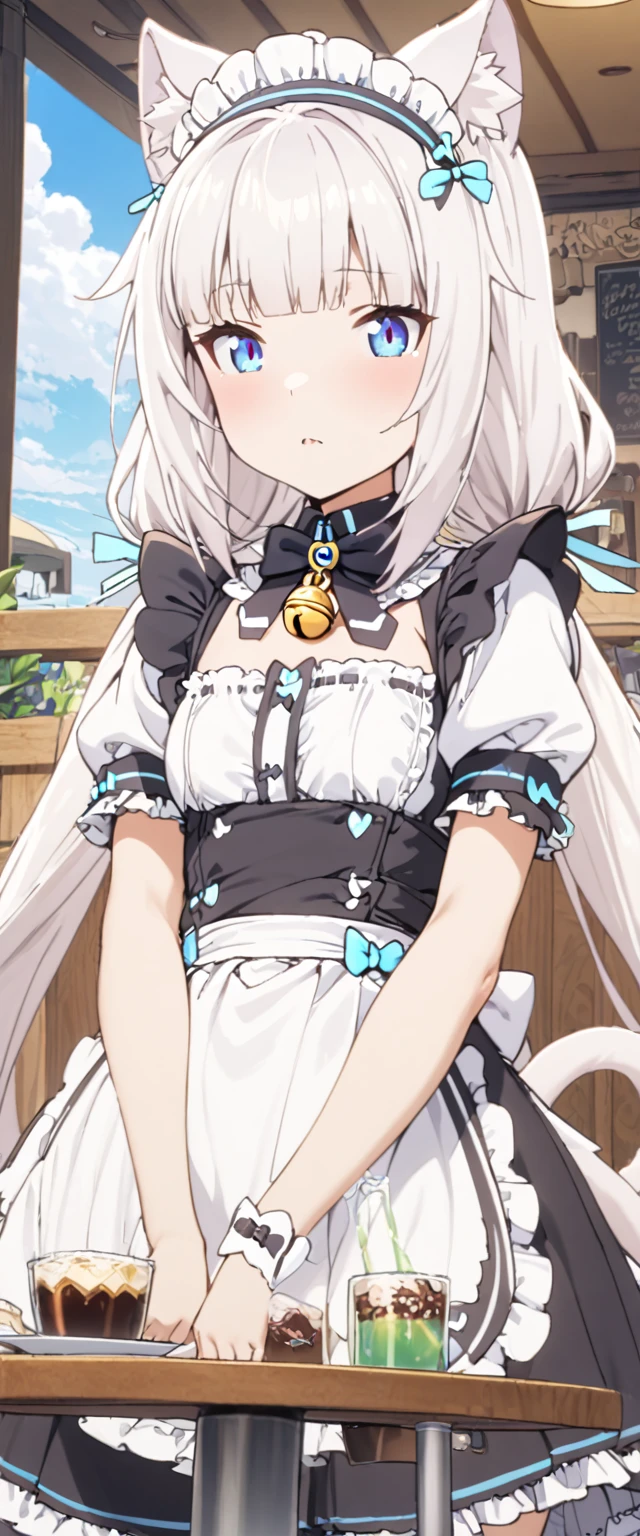 (masterpiece), best quality, expressive eyes, perfect face,1girl,vanilla, long hair, bangs, blue eyes, animal ears, twintails, very long hair, white hair, cat ears, blunt bangs, animal ear fluff, low twintails, cat girl,dress, bow, tail, short sleeves, frills, bowtie, apron, cat tail, maid, maid headdress, bell, cat girl, waist apron, jingle bell, neck bell, waitress,beach cafe,curious expression