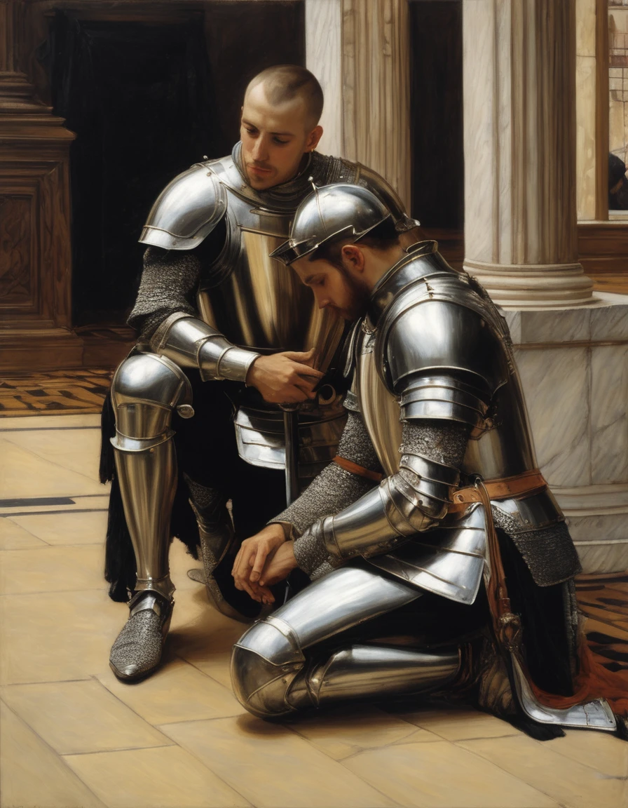 {Masterpiece, best quality, oil painting, male focus}, ((by James Tissot, John William Waterhouse, J. C. Leyendecker)), (((the portrait of 2 male knights, buzzcut, they are lovers comforting each other on the floor. They are tense, bored, sad, frustrated, blushing, sullen)))
