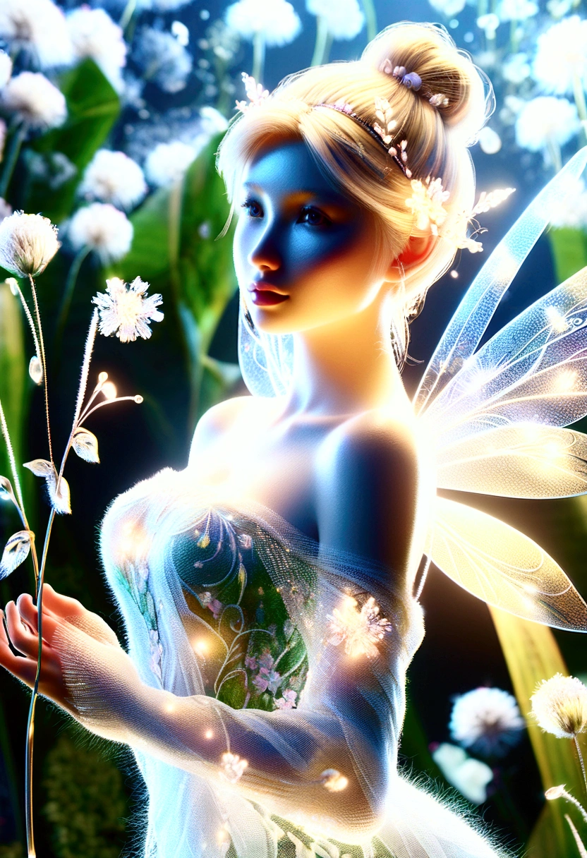 realistic fairy forest, Tinkerbell made of gold and white transparent light_delicate features, Translucent foot-raising body, clear and pale skin , A variety of small flowers and plants made of light, Ultrafine particles shining in the air_Tinkerbell center close-up angle, A mysterious background where small particles of natural light emit light., ultra high resolution, 8k, Very detailed details, Product detailed image, surreal photo, the greatest masterpiece:1.2, Glowing white smoke spreading in the air, aura,