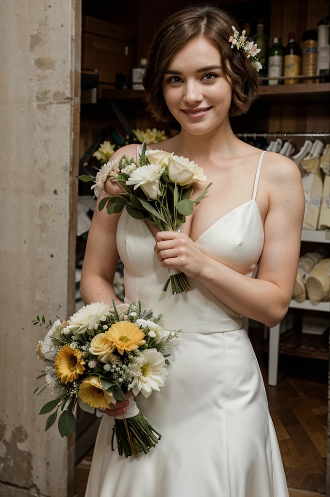 Elizabeth Henstridge, short hair, smiling, wedding dress, bouquet of flowers.