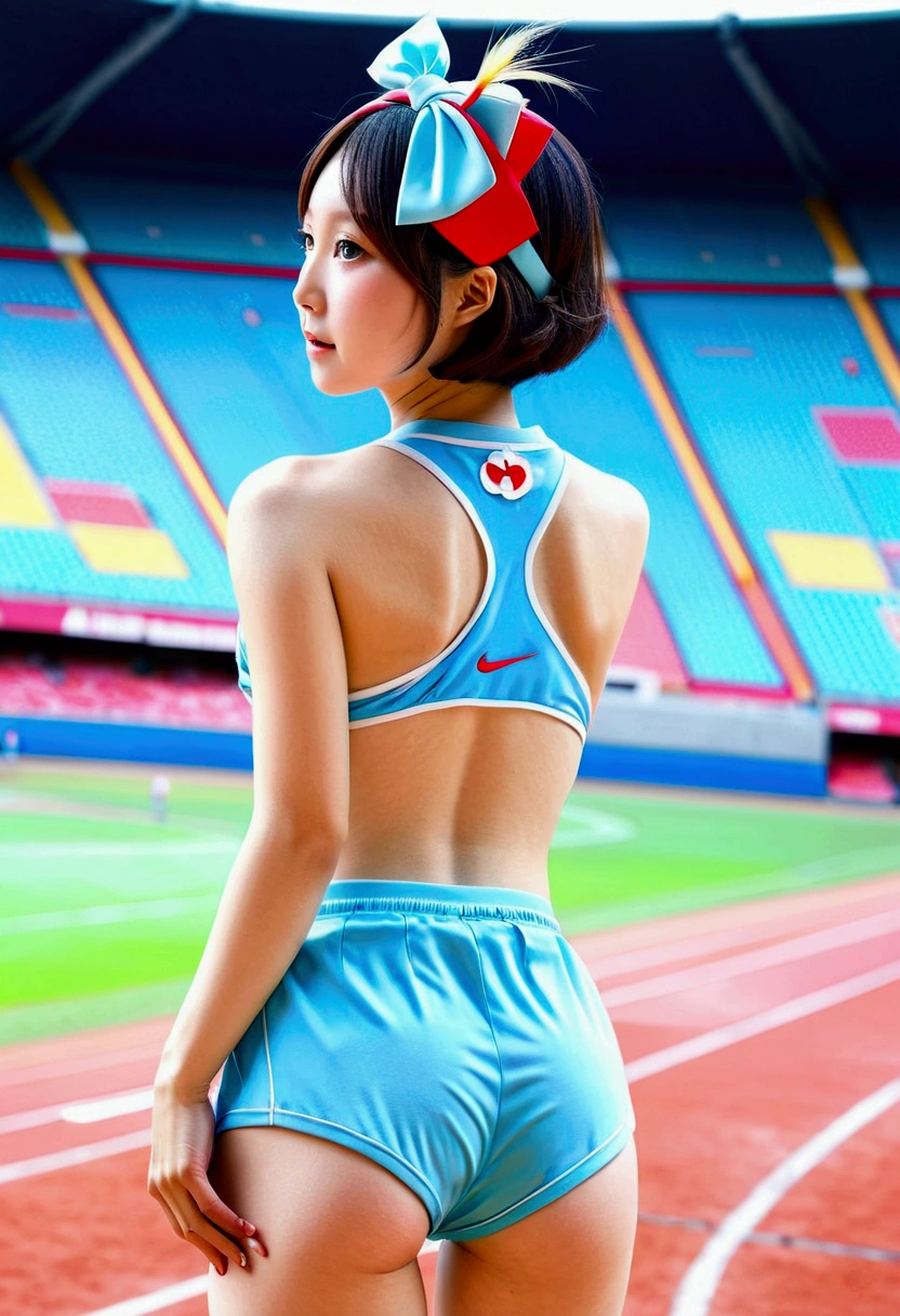 A cute Japanese woman wearing a light blue uniform、Short Bob、Headband、Wearing light blue bloomers、Athletics Stadium、Topless、From behind, face turned to the side、