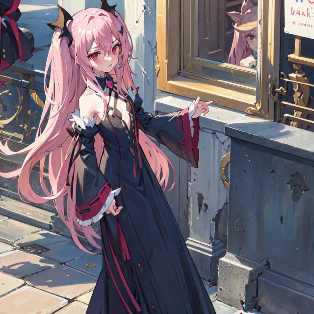 best quality, masterpiece, high resolution, extremely detailed 8K wallpaper, original and detailed fingers, detailed hands, detailed eyes,
Looking at the city, on a building, 1 girl, blushing, pouting, looking at viewer, standing, dynamic pose
krul tepes, red eyes, flat chest, long hair, pink hair, two sides up, hair ornament, boots, black dress, bare shoulders, wide sleeves, ribbon,