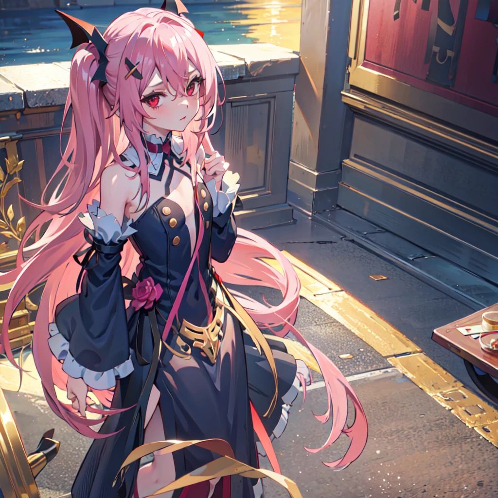 best quality, masterpiece, high resolution, extremely detailed 8K wallpaper, original and detailed fingers, detailed hands, detailed eyes,
Looking at the city, on a building, 1 girl, blushing, pouting, looking at viewer, standing, dynamic pose
krul tepes, red eyes, flat chest, long hair, pink hair, two sides up, hair ornament, boots, black dress, bare shoulders, wide sleeves, ribbon,