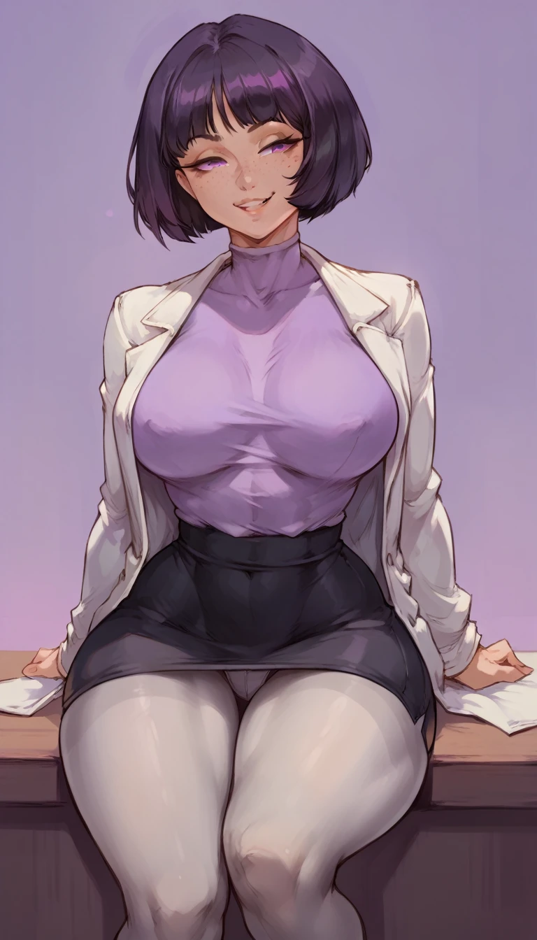 (solo) female , black short hair bob cut, woman (big breasts:1.5), attractive, purple shirt, tight black skirt, lab coat,grey pantyhose fit body, thicc, freckles, freckles on face, smug eyes, (happy expression), she is sitting on table look to the viewer , violet background, simple background, thick thighs (front view) (white panties) open legs