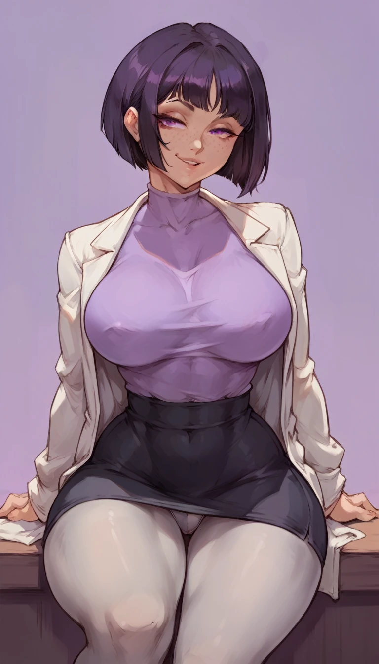 (solo) female , black short hair bob cut, woman (big breasts:1.5), attractive, purple shirt, tight black skirt, lab coat,grey pantyhose fit body, thicc, freckles, freckles on face, smug eyes, (happy expression), she is sitting on table look to the viewer , violet background, simple background, thick thighs (front view) (white panties) open legs