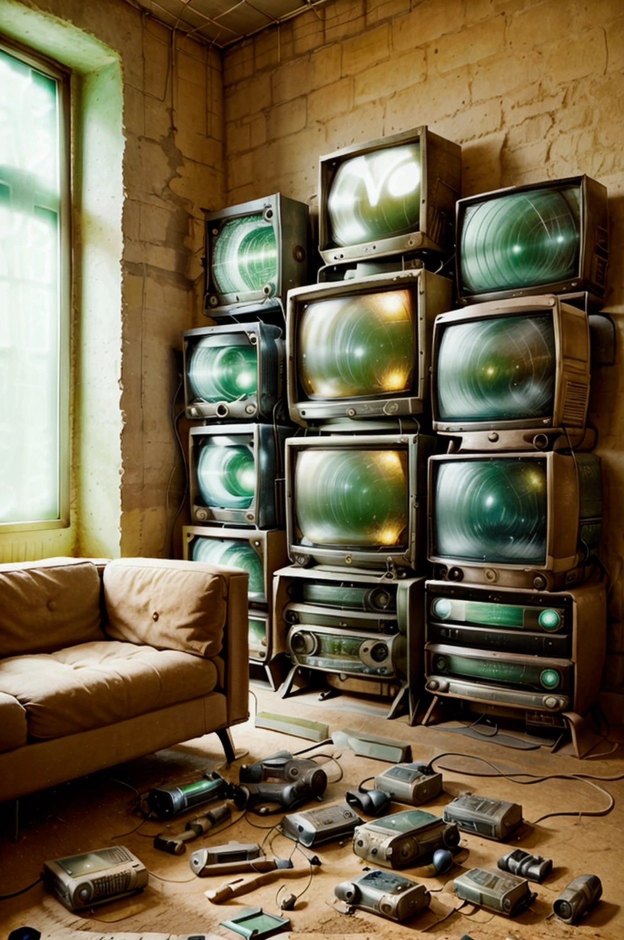 Large room where the walls consist exclusively of several old televisions stacked on top of each other. On the ground, there are several spare parts of electronic objects.