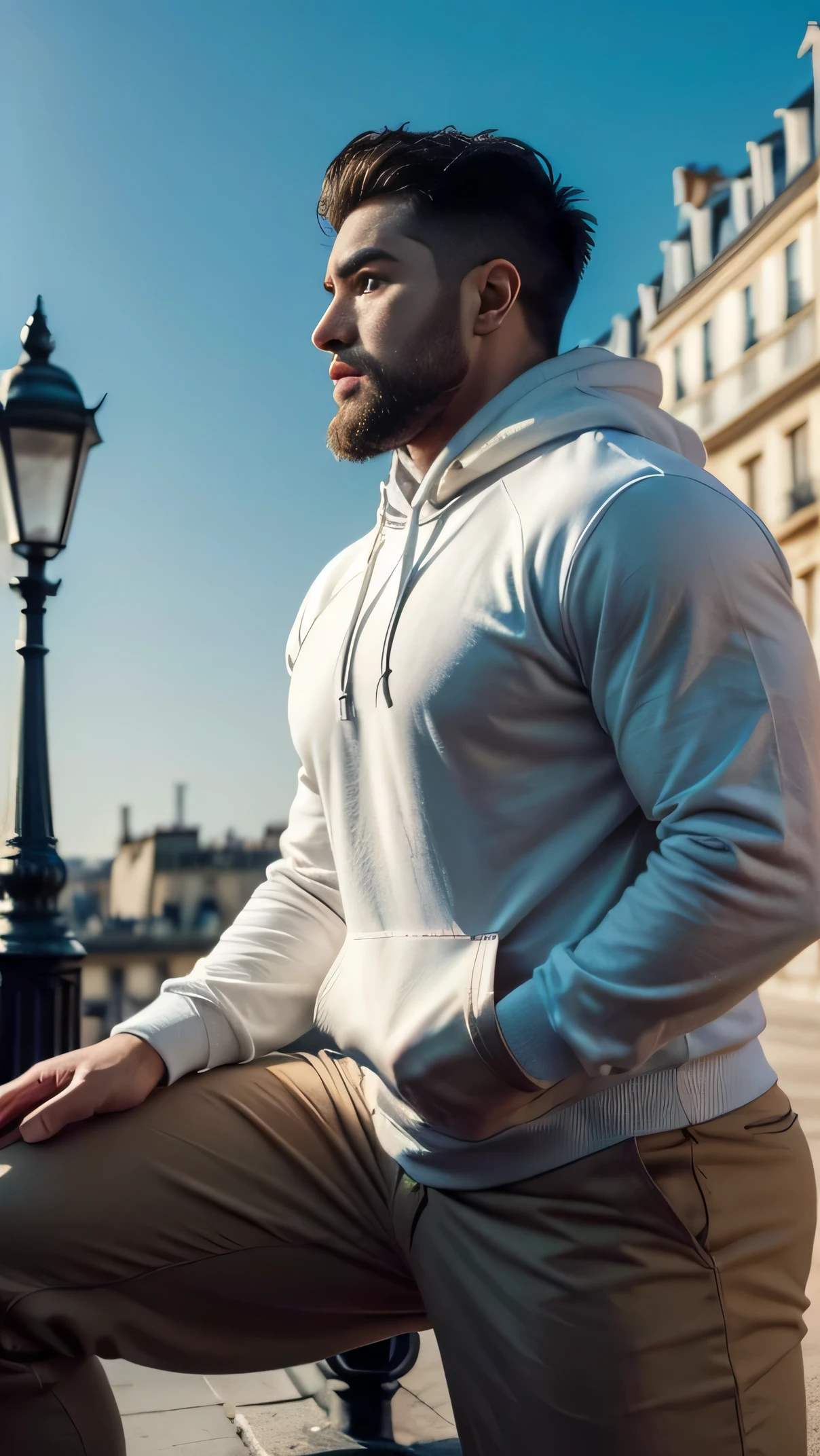 muscular man, bearded, young, young adult, huge, big shoulders, piece, Only, the white shirt with studs open hoodie gold netalica, big arms,, Intricate, elegant, sharp focus, photo by greg rutkowski, vibrant colors, (masterpiece), ((Paris), (detailed face), , brown eyes, bright Eyes, portrait from knees to head, strong and muscular legs, big lump , Profile , latino 30 years old , with applications on the sweatshirt