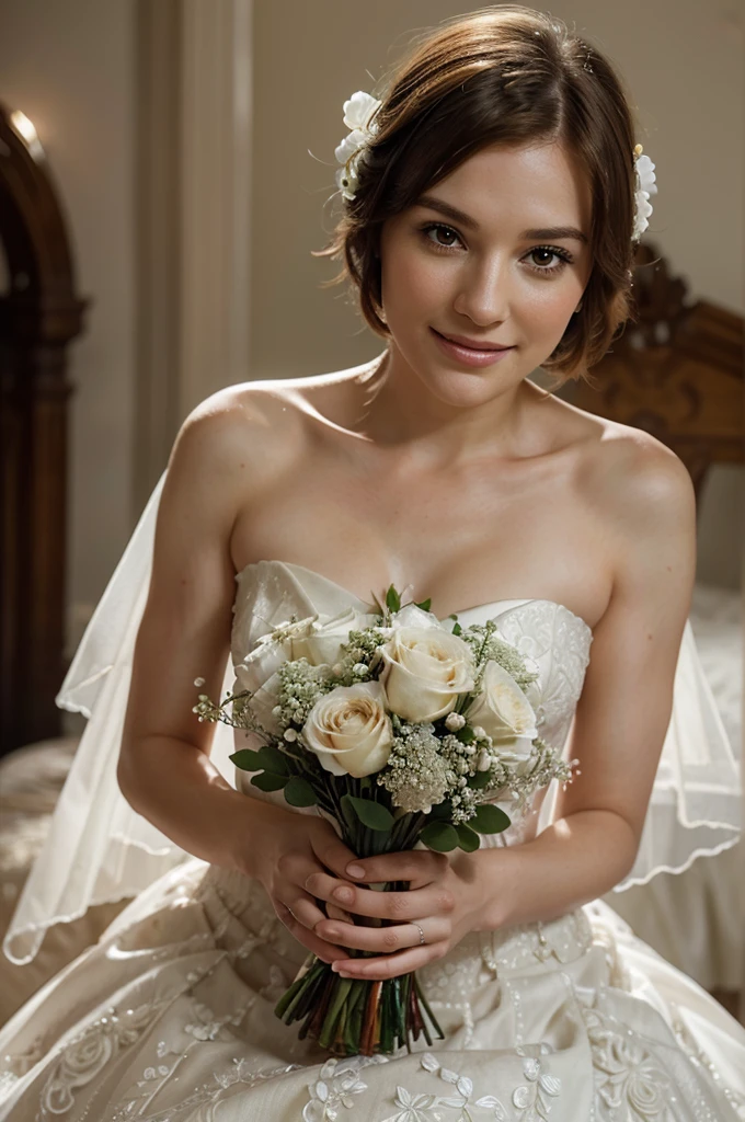 Elizabeth Henstridge with short browen hair wearing a white wedding dress, holding a bouquet of flowers, smiling, photorealistic, intricate details, cinematic lighting, ultra detailed, 8k, high quality, highly detailed portrait, elegant, graceful, beautiful facial features, beautiful skin, beautiful eyes, beautiful lips, beautiful smile, beautiful hair, beautiful wedding dress, beautiful bouquet of flowers, stunning, breathtaking, gorgeous, elegant, ethereal, serene, warm lighting, soft focus, shallow depth of field, romantic, dreamy, whimsical.