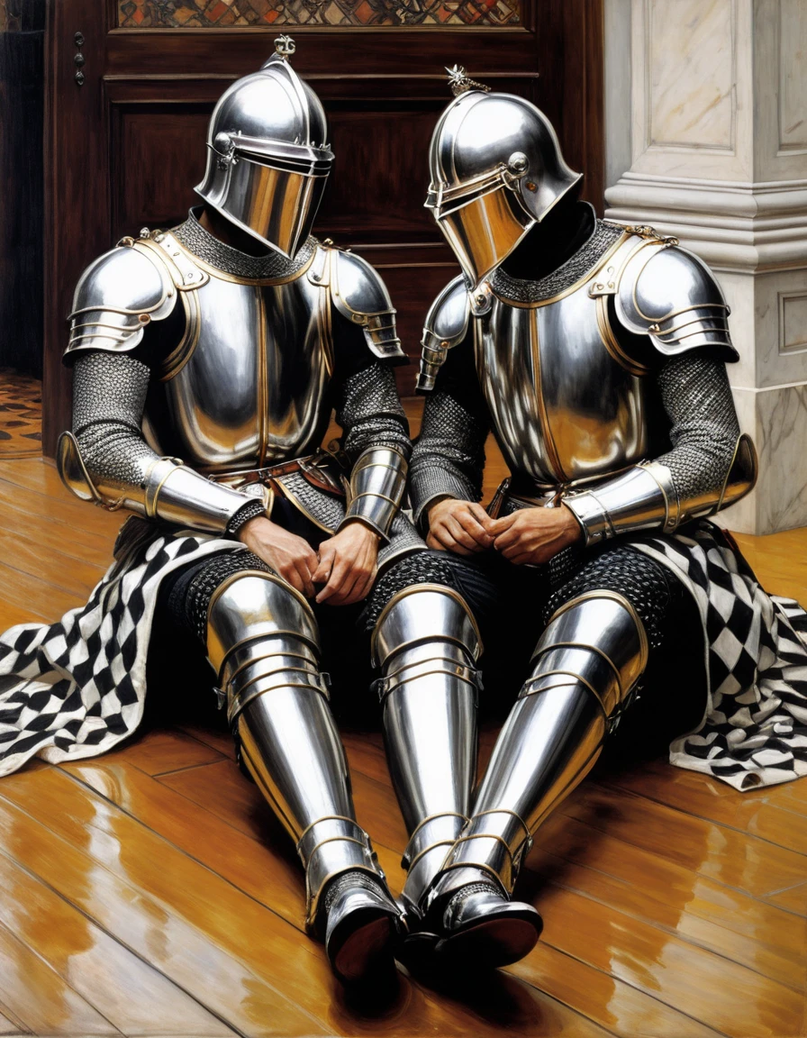 {Masterpiece, best quality, oil painting, male focus}, ((by James Tissot, John William Waterhouse, J. C. Leyendecker)), (((the portrait of 2 male knights, buzzcut, they are lovers comforting each other on the floor. They are tense, bored, sad, frustrated, blushing, sullen)))
