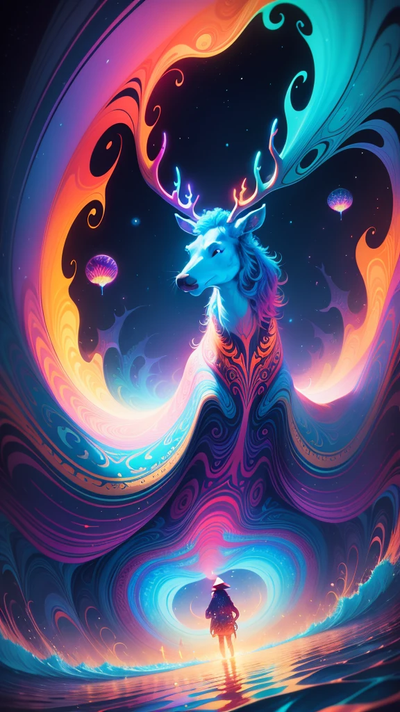 (Psychedelic painting of moose standing in front of colorful whirlpools), ((Multi-sewn large antlers, stag, Big head)), Light and shadow, Waves, Multi-layered, foreground, Distant view, fractal thunder dan mumford, Dan Mount Ford and Alex Gray style, psychedelic surreal art, surreal psychedelic design, Fantasy art style, Illusion psychedelic art, Infinite psychedelic waves, Inspired by Cyril Rolando, True corrugated structure, Psychedelic art style, trippy art, psychedelic illustrations，Bio-luminescence, vibrant, Colourful, Color, (Glowing, Glow), (Beautiful composition), Cinematic lighting, Intricate, (Symmetrical:0.5), Whimsical,
