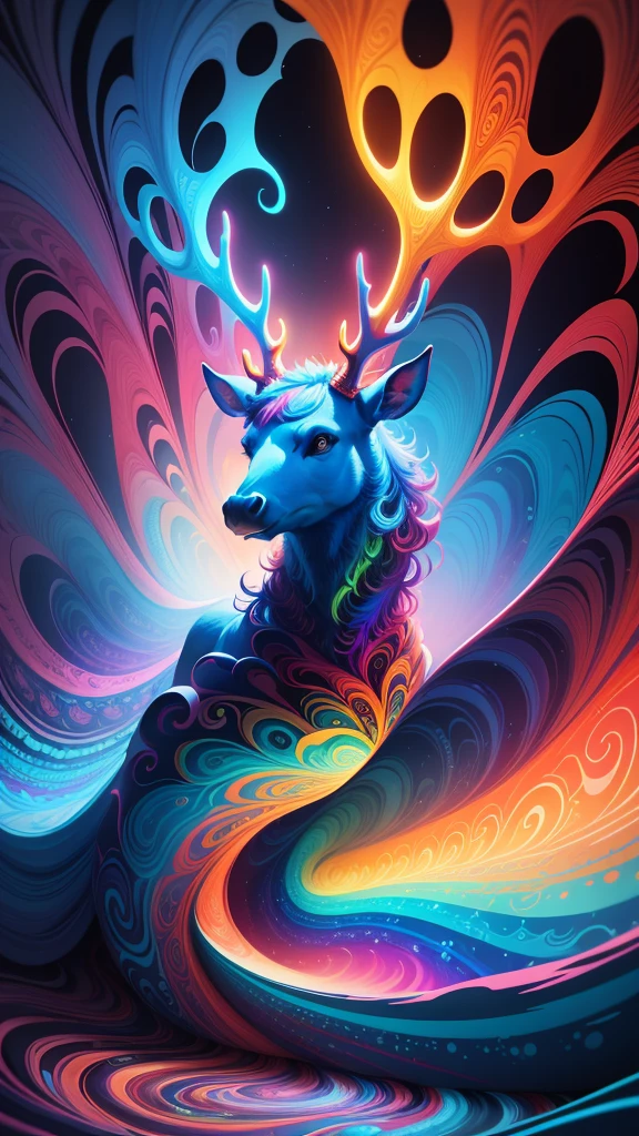 (Psychedelic painting of moose standing in front of colorful whirlpools), ((Multi-sewn large antlers, stag, Big head)), Light and shadow, Waves, Multi-layered, foreground, Distant view, fractal thunder dan mumford, Dan Mount Ford and Alex Gray style, psychedelic surreal art, surreal psychedelic design, Fantasy art style, Illusion psychedelic art, Infinite psychedelic waves, Inspired by Cyril Rolando, True corrugated structure, Psychedelic art style, trippy art, psychedelic illustrations，Bio-luminescence, vibrant, Colourful, Color, (Glowing, Glow), (Beautiful composition), Cinematic lighting, Intricate, (Symmetrical:0.5), Whimsical,