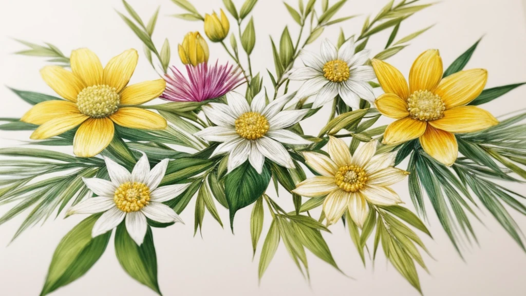 White Flores on green background yellow buds, layered arte em papel, arte plástica em papel, retratar uma flor, arte em papel, relevo de pintura a óleo, paper Flores, Flores, Flores in bloom and in background, surrounded Flores, Belas artes em cada detalhe, detailed Flores, Detalhes intrincados e precisos