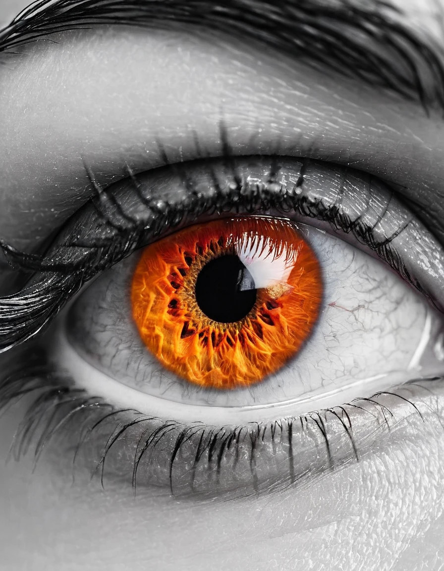 "Extreme close-up monochromatic image of an eye, detailed textures of eyelashes and skin, with the iris in vivid colors of orange, yellow, and red, maintaining the rest of the image in black and white, high contrast and sharp focus"