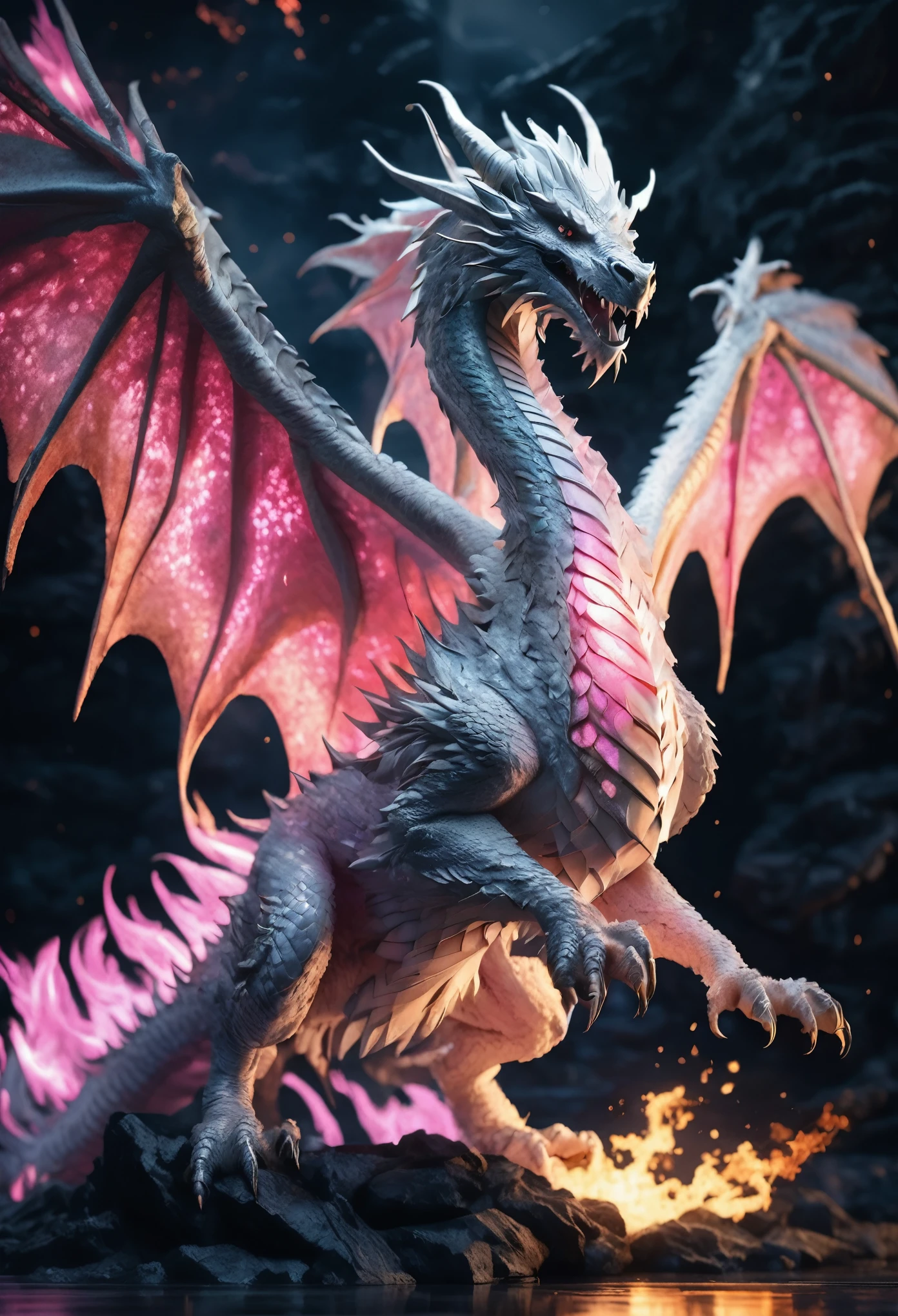 a white dragon, detailed scales, wings spread, pink fire breath, full body shot, photo realistic, cinematic lighting, highly detailed, intricate texture, 4k, best quality, masterpiece, dramatic atmosphere, fantasy art