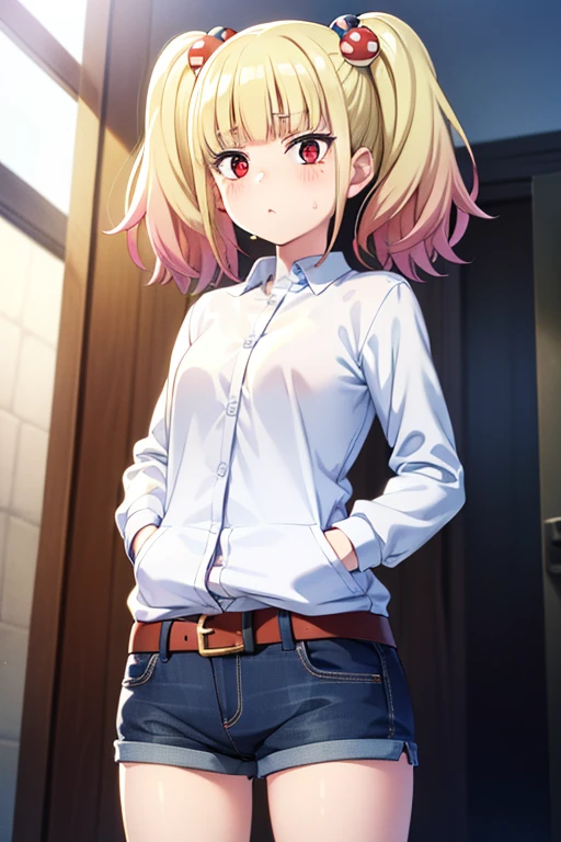 ((masterpiece)),(best quality),official art,extremely detailed CG,unity 8k wallpaper,ultra detailed,beautiful detailed eyes,extremely detailed face,1girl,solo,cowboy shot,looking at viewer,stomach ache,Put your hands in your pockets,niguredou julia,multicolored hair,gradient hair,pink hair,blonde hair,twintails,food-themed hair ornament,mushroom hair ornament,red eyes,white shirt,long sleeves,denim shorts,shorts rolled up,belt