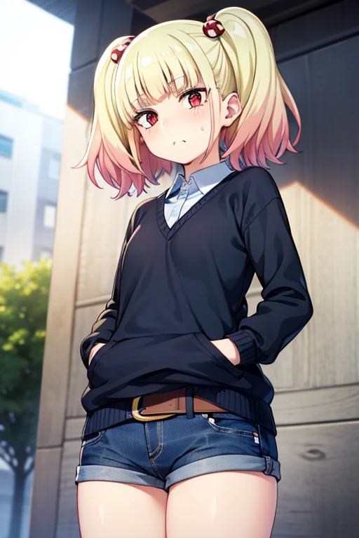 ((masterpiece)),(best quality),official art,extremely detailed CG,unity 8k wallpaper,ultra detailed,beautiful detailed eyes,extremely detailed face,1girl,solo,cowboy shot,looking at viewer,stomach ache,Put your hands in your pockets,niguredou julia,multicolored hair,gradient hair,pink hair,blonde hair,twintails,food-themed hair ornament,mushroom hair ornament,red eyes,white shirt,long sleeves,denim shorts,shorts rolled up,belt