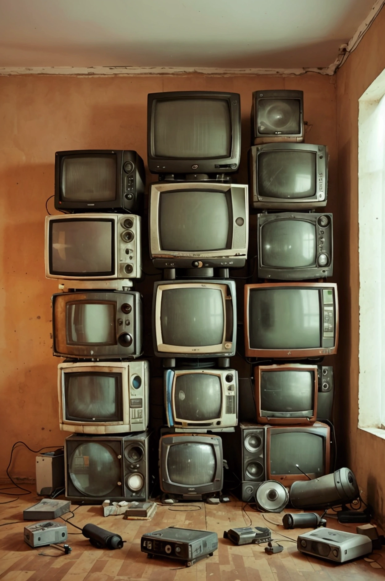 Large room where the walls consist exclusively of several old televisions stacked on top of each other. On the ground, there are several spare parts of electronic objects.