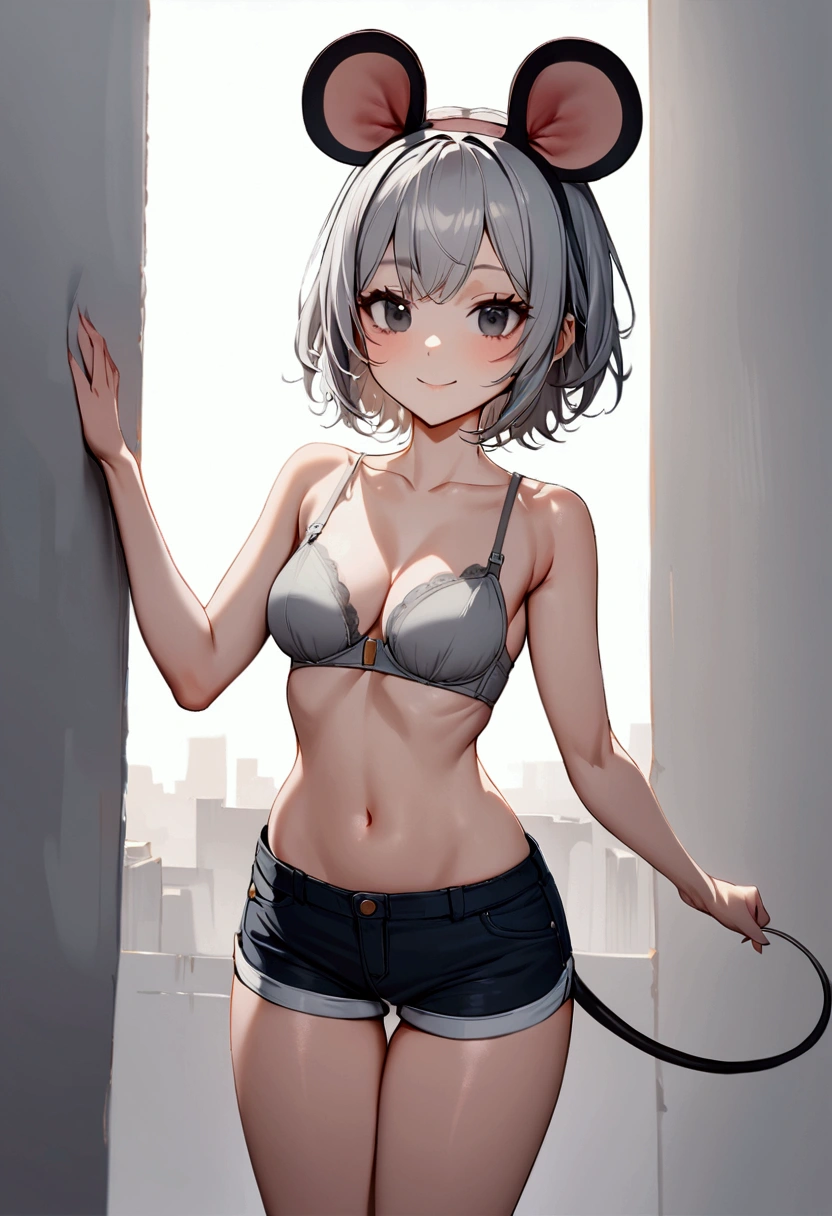 1girl with short grey hair, black eyes, slender body, medium breasts, mouse ears, mouse tail, smile, grey bra, short shorts