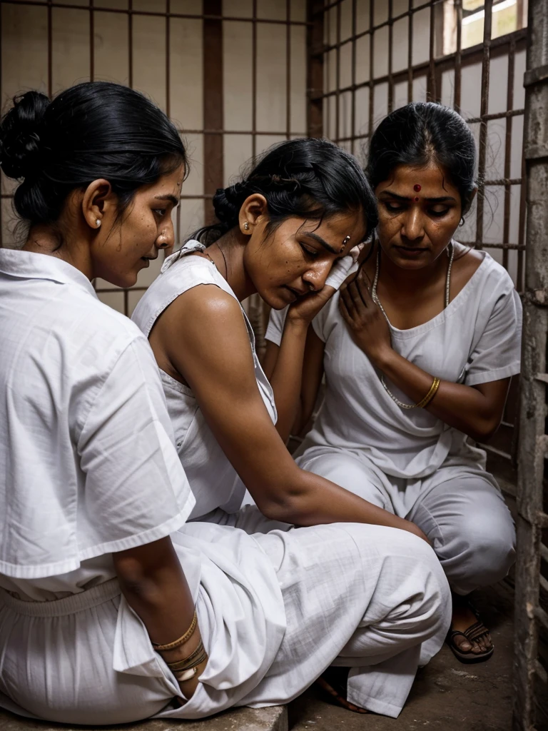 The Indian woman's prisoners, are crying, after head shaved, and waiting for next punishment, are wearing white sharee as Specific clothing for female prisoners , in side the jail Indian women prisoners, who are punished for being chickens in jail every day. And listening to the ears is a daily task