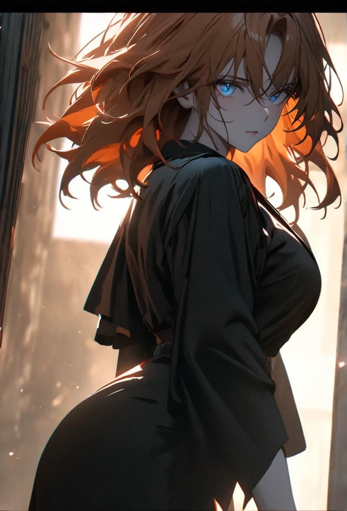 (solo), orange hair, messy hair, mane hair, short hair, dense hair, wild hair, expressive hair, mature,(25 year old), pale skin, blue eyes, ((male)), muscular body, wearing a black dress shirt,, handsome, attractive, eye reflection, depth of field, thunder aura,cinematic lighting, ray tracing, depth of field, cinematic lighting, ray tracing, UHD, high details, best quality, highres, high quality, award winning, super detail, masterpiece, 8k, UHD, high details, best quality, highres, high quality, award winning, super detail, masterpiece, 8k, digital art, anime coloring, full body shot, body shot, good face, perfect face, detailed face, good eyes