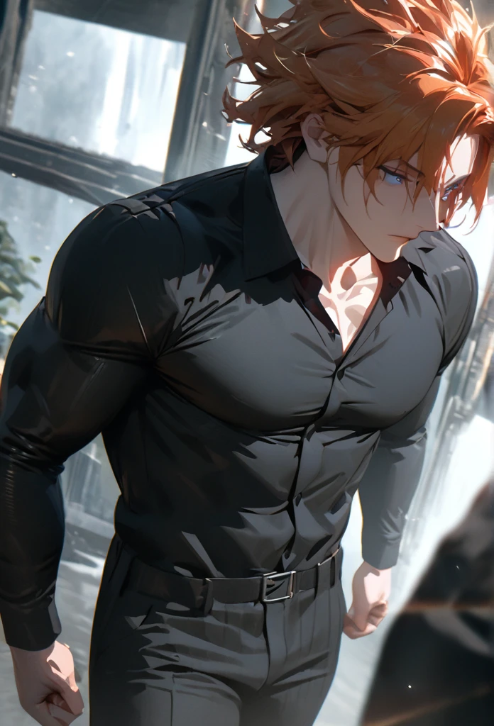 (solo), orange hair, messy hair, mane hair, short hair, dense hair, wild hair, expressive hair, mature,(25 year old), pale skin, blue eyes, ((male)), muscular body, wearing a black dress shirt,, handsome, attractive, eye reflection, depth of field, thunder aura,cinematic lighting, ray tracing, depth of field, cinematic lighting, ray tracing, UHD, high details, best quality, highres, high quality, award winning, super detail, masterpiece, 8k, UHD, high details, best quality, highres, high quality, award winning, super detail, masterpiece, 8k, digital art, anime coloring, full body shot, body shot, good face, perfect face, detailed face, good eyes