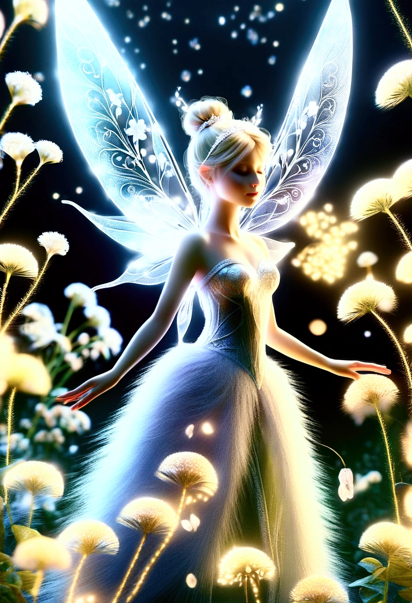 realistic fairy forest, Tinkerbell made of gold and white transparent light_delicate features, Translucent luminous body, clear and pale skin , A variety of small flowers and plants made of light, Ultrafine particles shining in the air_Tinkerbell center close-up angle, A mysterious background where small particles of natural light emit light., ultra high resolution, 8k, Very detailed details, Product detailed image, surreal photo, the greatest masterpiece:1.2, Glowing white smoke spreading in the air, aura,