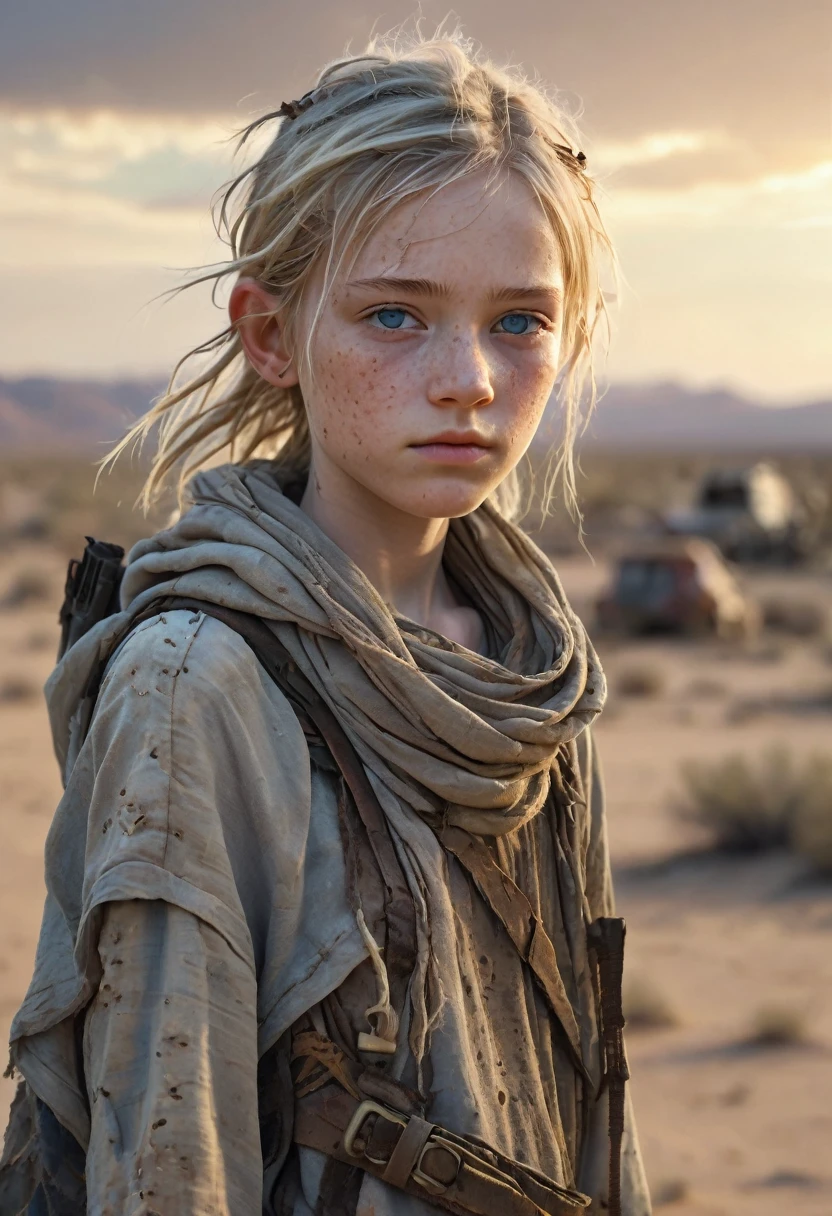 Masterpiece, half body shot, transitioning to a desert landscape at sunset, a lone figure walking, a beautiful 11 years old young American tween girl emerges wearing beautiful post apocalyptic nomadic clothes, very pale skin, light blond hair, blue-grey eyes, a few very light freckles, skinny runners body, very small breasts, very detailed face, ultra realistic face, very beautiful thin face, clean face, exhausted face, young looking, very young, juvenile face, post-apocalyptic clothing. Layers of tattered fabric, unconventional accessories, an aura of survival and resilience, 16K, ultra high res.photorealistic, UHD, RAW, DSLR,naked