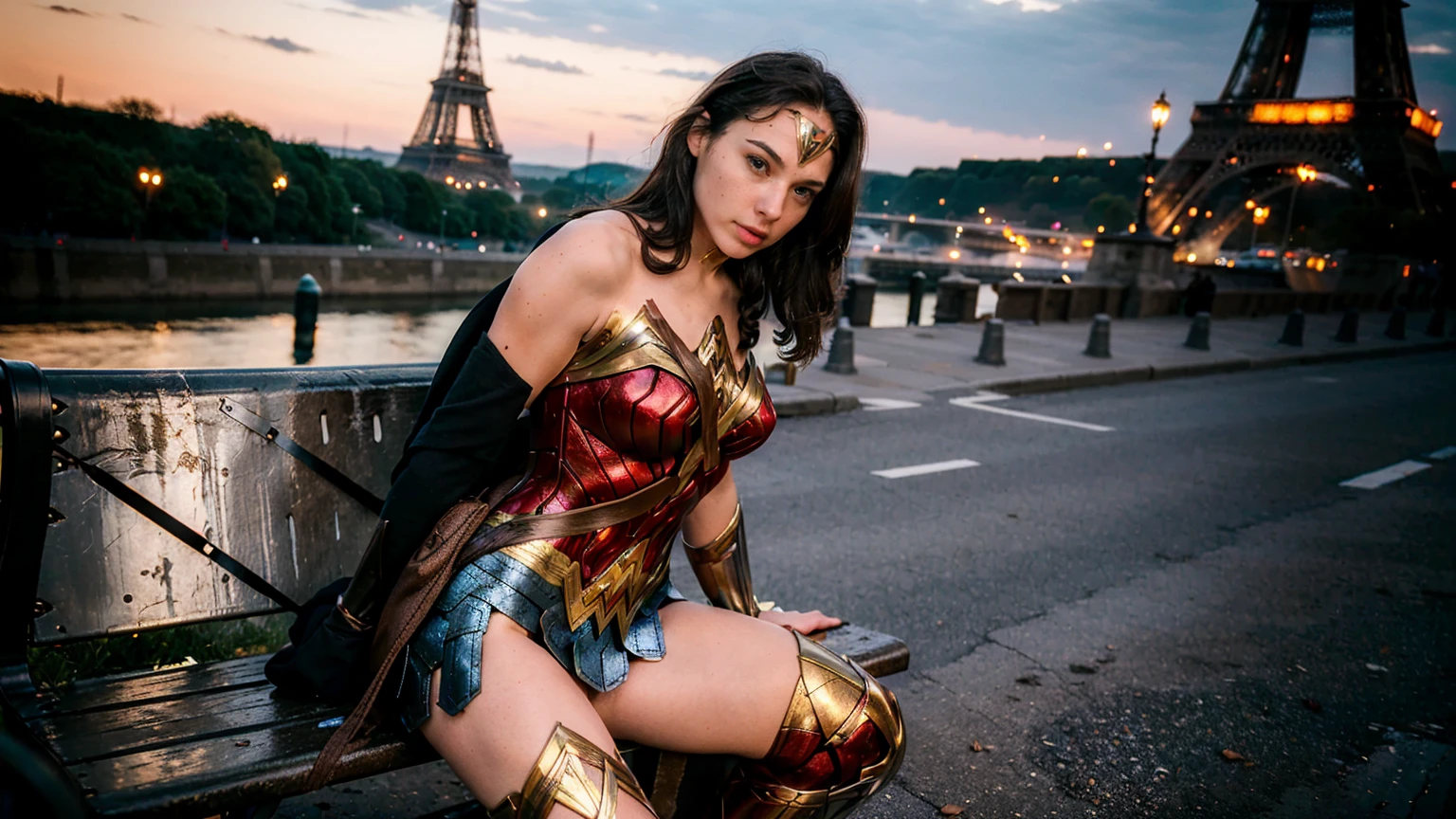 ((masterpiece), (solo character), (photorealistic:1.4), ),(best quality), (epiCRealLife), (g4lg), (wonder woman bra top), (g4lg show abs), (g4lg show cleavages), (Gal Godot in wonder woman costume), (lora:epiCFlashPhoto),(flashphoto), (flash photography) (look at viewers), (outdoor), (Eifel Tower), (night time), (city night lights), (street view), (sitting on bench), , (wonder woman boots)