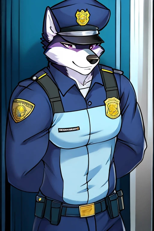 Siberian Husky dog, police, blue eyes , en una estación de police, blushing