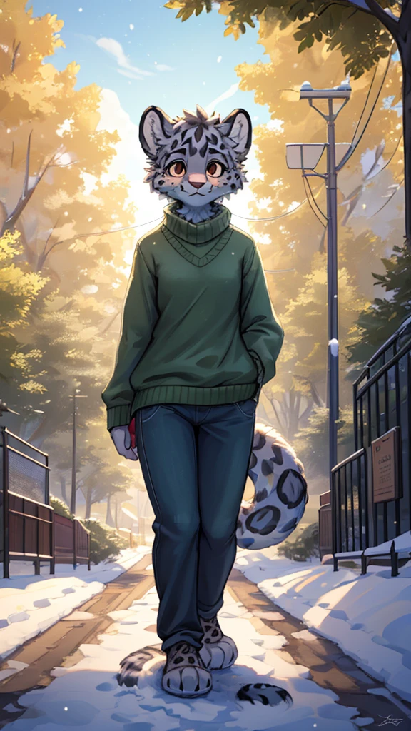 (very detailed illustration: 1.2), best quality, masterpiece, solo, natural lighting, An young anthro female snow leopard with brown eyes, she has snow leopard fur un all her body, she is dressed in a green sweater and dark blue pants, she is in a big bright city, she is in a park where there are trees, she is on a gray gravel road walking.