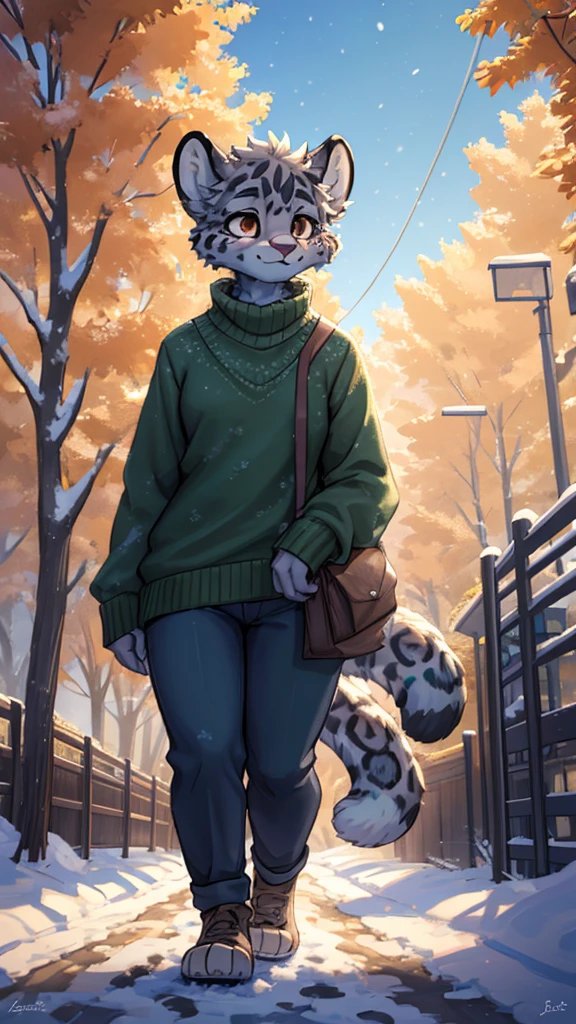 (very detailed illustration: 1.2), best quality, masterpiece, solo, natural lighting, An young anthro female snow leopard with brown eyes, she has snow leopard fur un all her body, she is dressed in a green sweater and dark blue pants, she is in a big bright city, she is in a park where there are trees, she is on a gray gravel road walking.