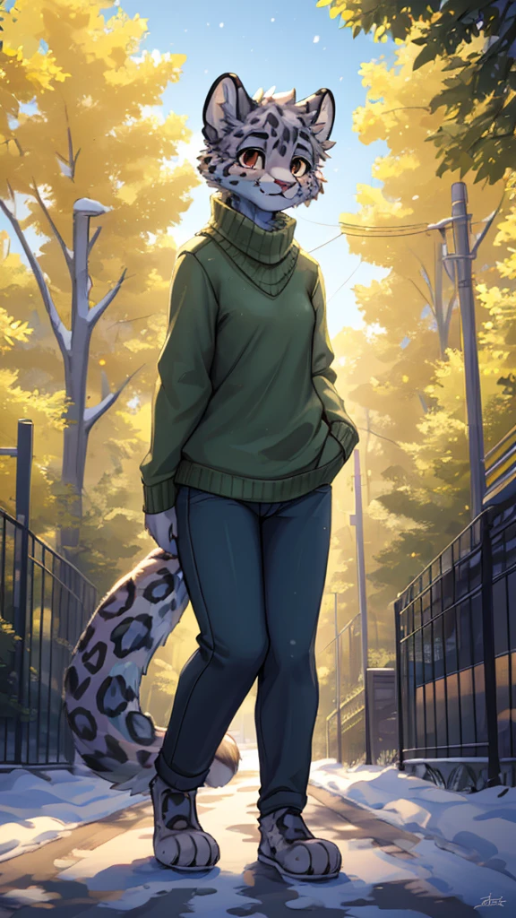 (very detailed illustration: 1.2), best quality, masterpiece, solo, natural lighting, An young anthro female snow leopard with brown eyes, she has snow leopard fur un all her body, she is dressed in a green sweater and dark blue pants, she is in a big bright city, she is in a park where there are trees, she is on a gray gravel road walking.